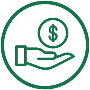 icono circular con una mano sosteniendo una moneda en su interior. Representa el seguro de ahorros. Botón de enlace a la página de contacto.